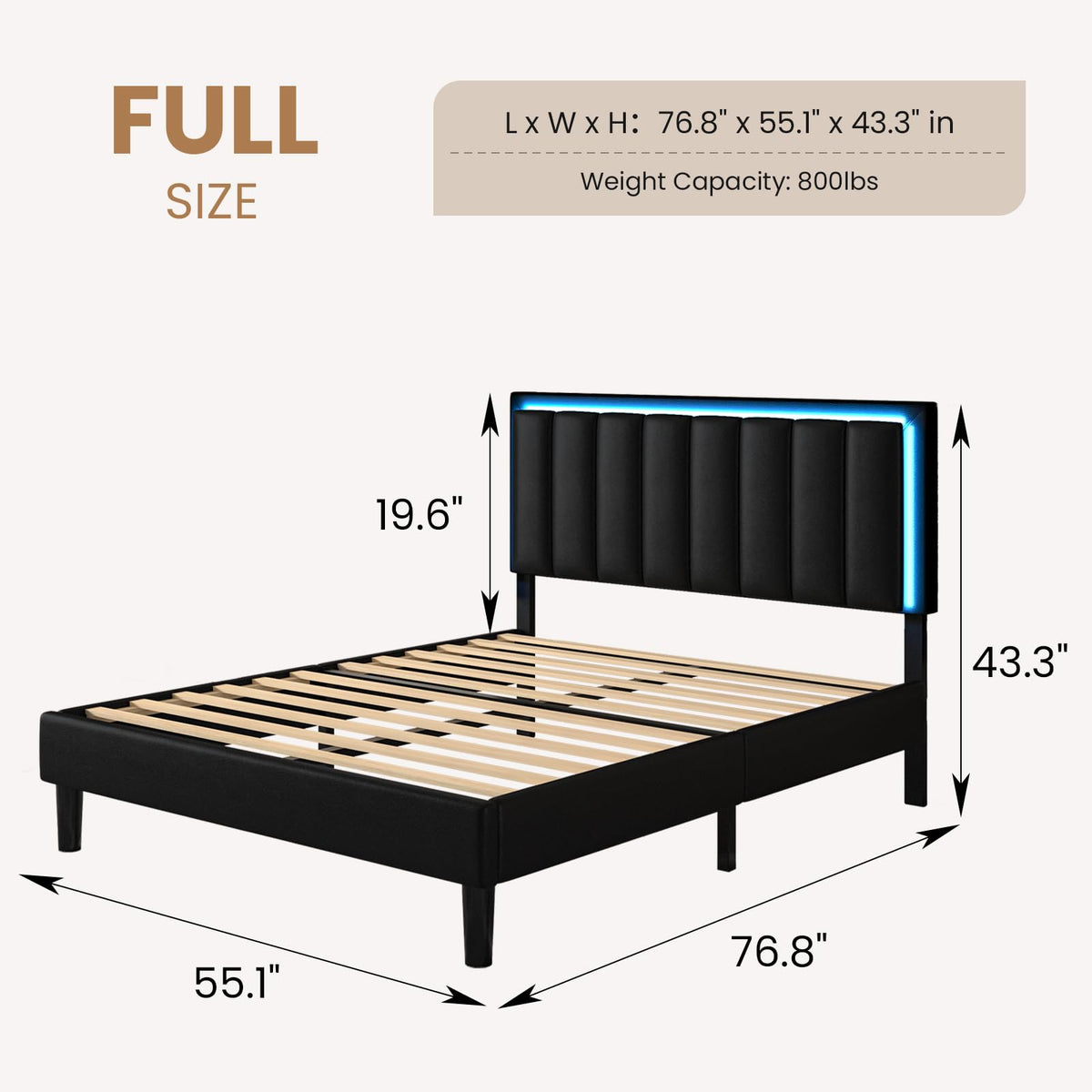 Full Size Upholstered Platform Bed Frame with Headboard, RGB LED Lights, Black K51517