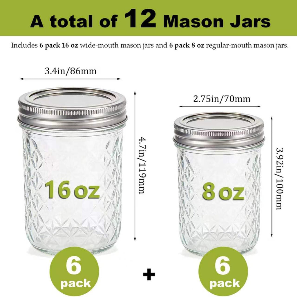 12 Pack Glass Mason Jars with Lids 16 oz & 8 oz H953
