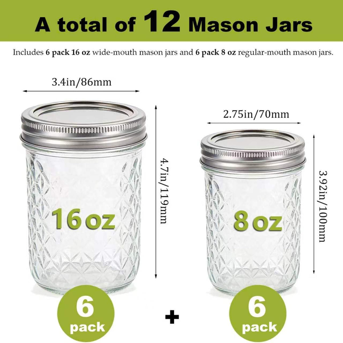 12 Pack Glass Mason Jars with Lids 16 oz & 8 oz H953