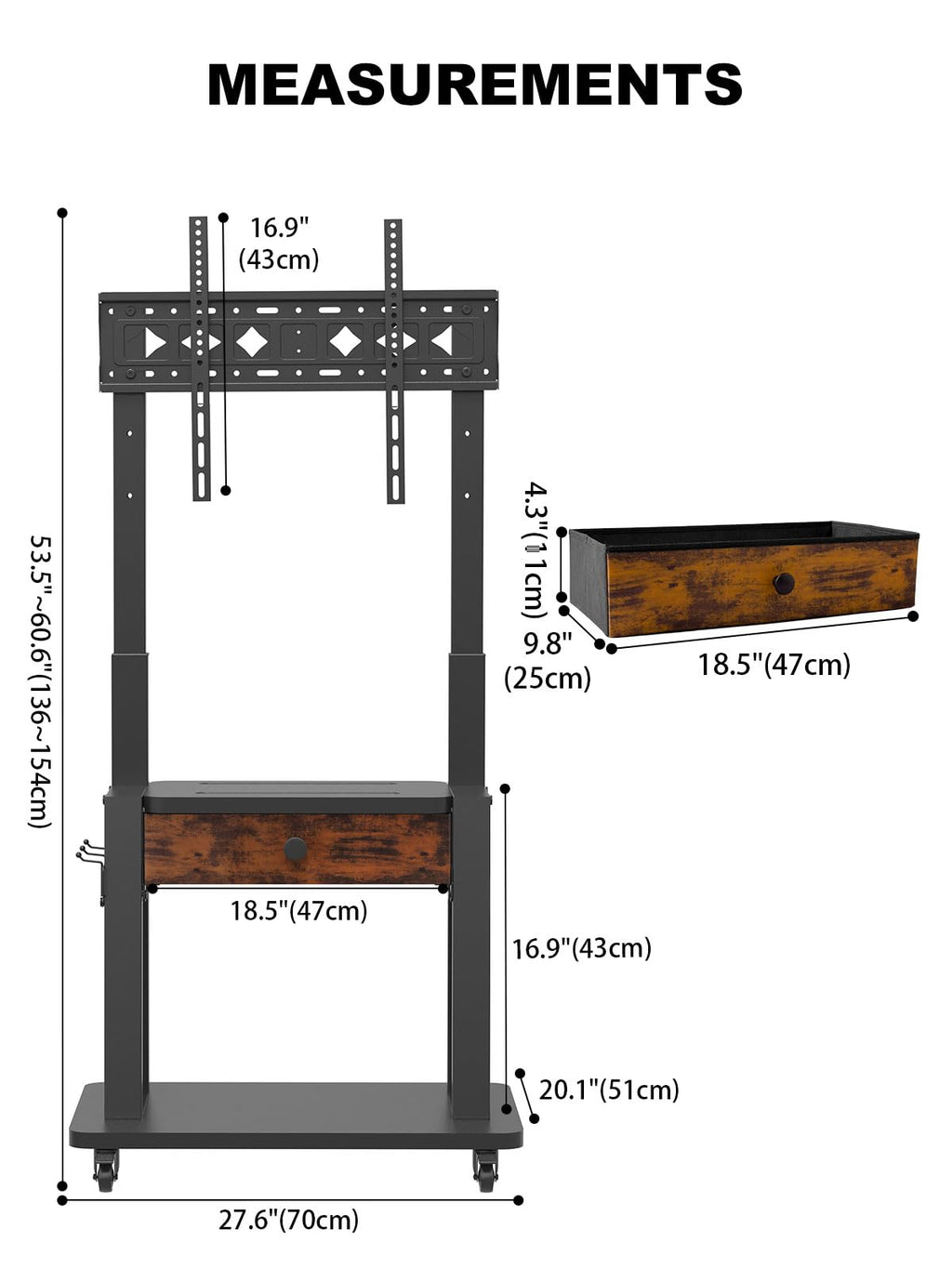 Rolling TV Stand with Fabric Drawer Storage for 32-75 Inch Flat/Curved Screen R24234