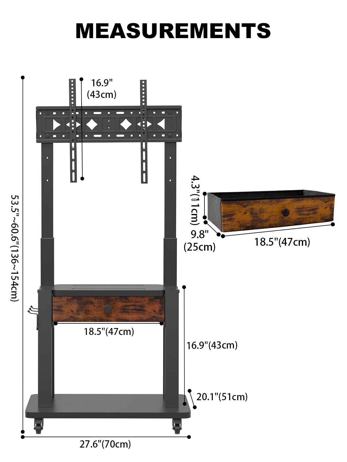 Rolling TV Stand with Fabric Drawer Storage for 32-75 Inch Flat/Curved Screen R24234