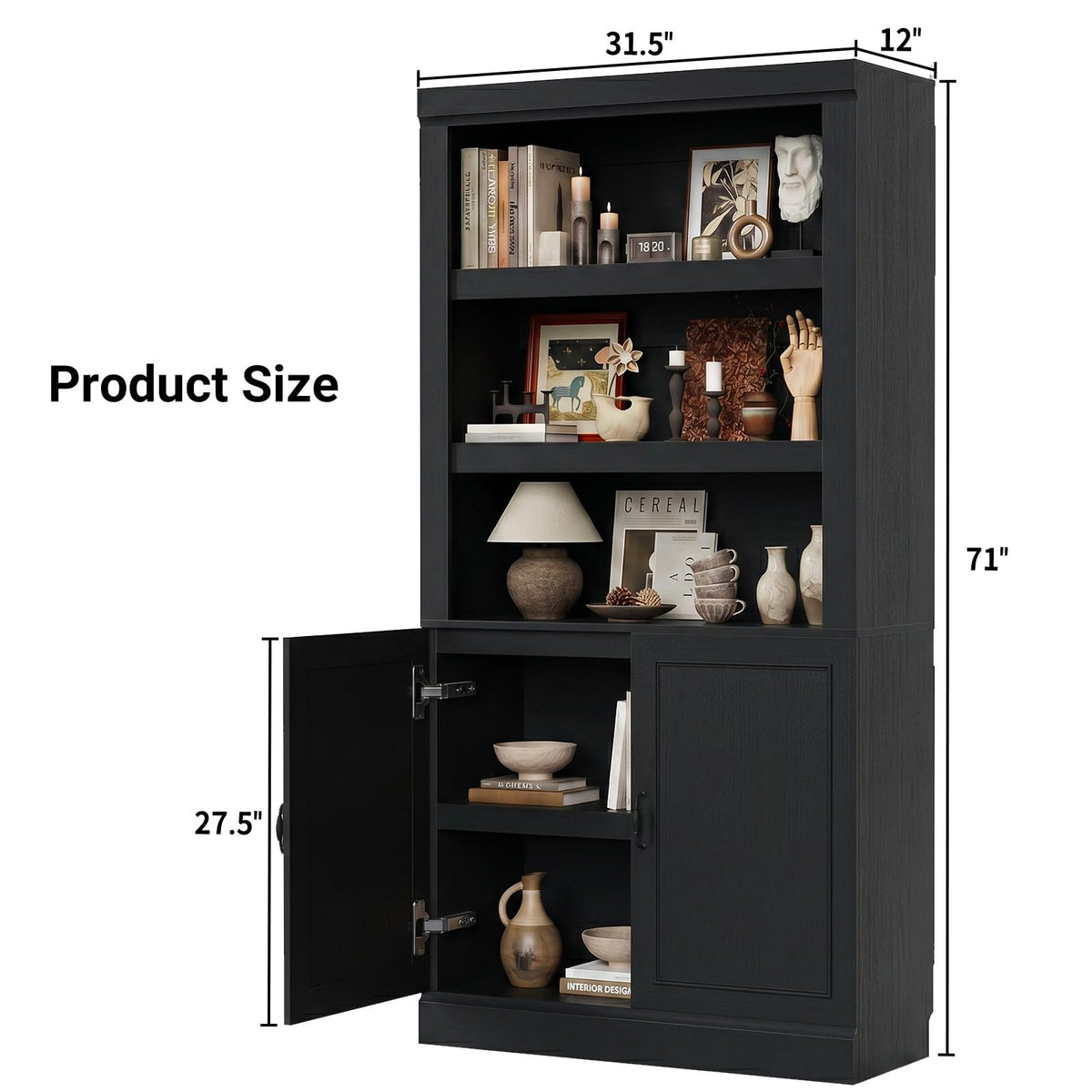 71" Tall Black Bookshelf with Doors and Adjustable Shelves M367