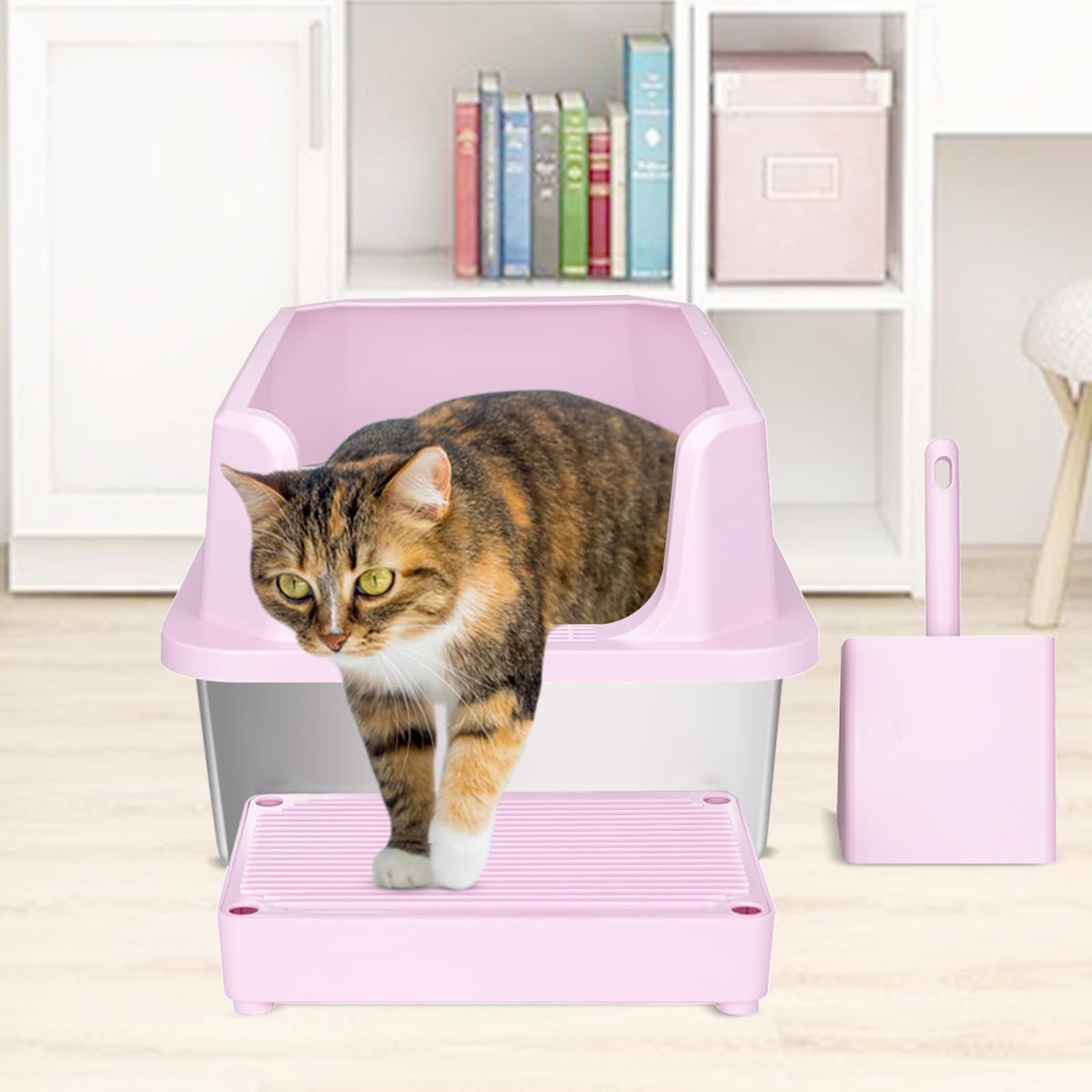 Open Cat Litter Box Stainless Steel High Walls with Scoop K305009