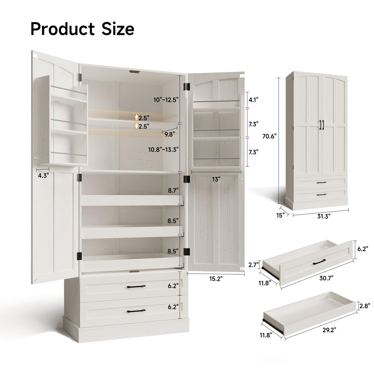 71" Off-White Kitchen Pantry Cabinet with 3 Pull-Out Shelf & 2 Drawer P3515