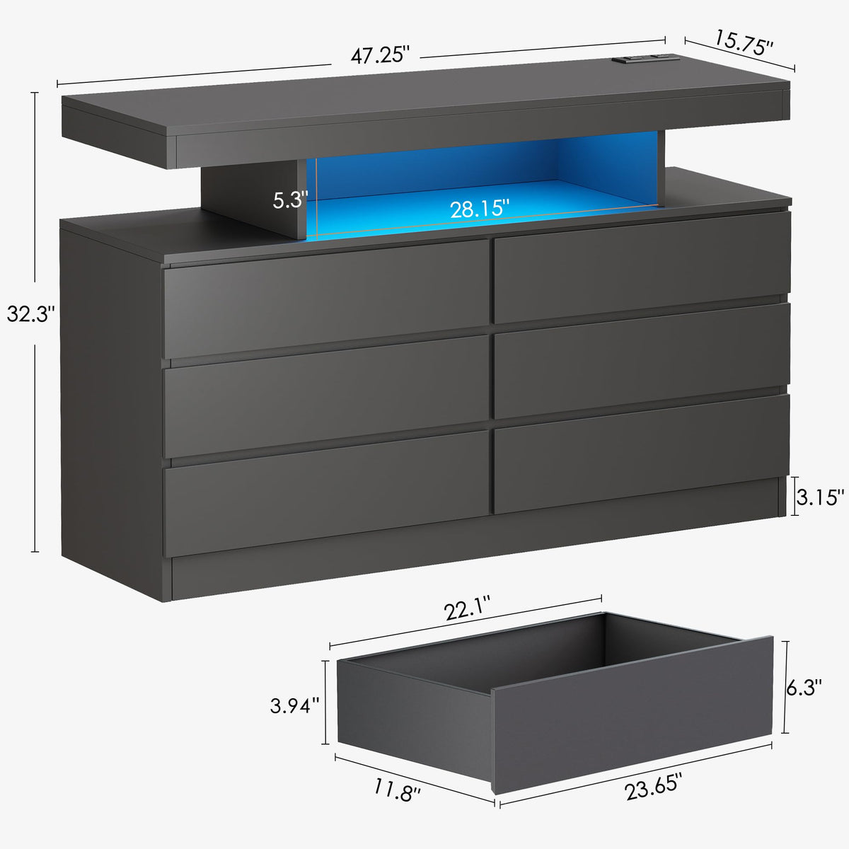 Black Dresser with Charging Station and LED Lights Y85334