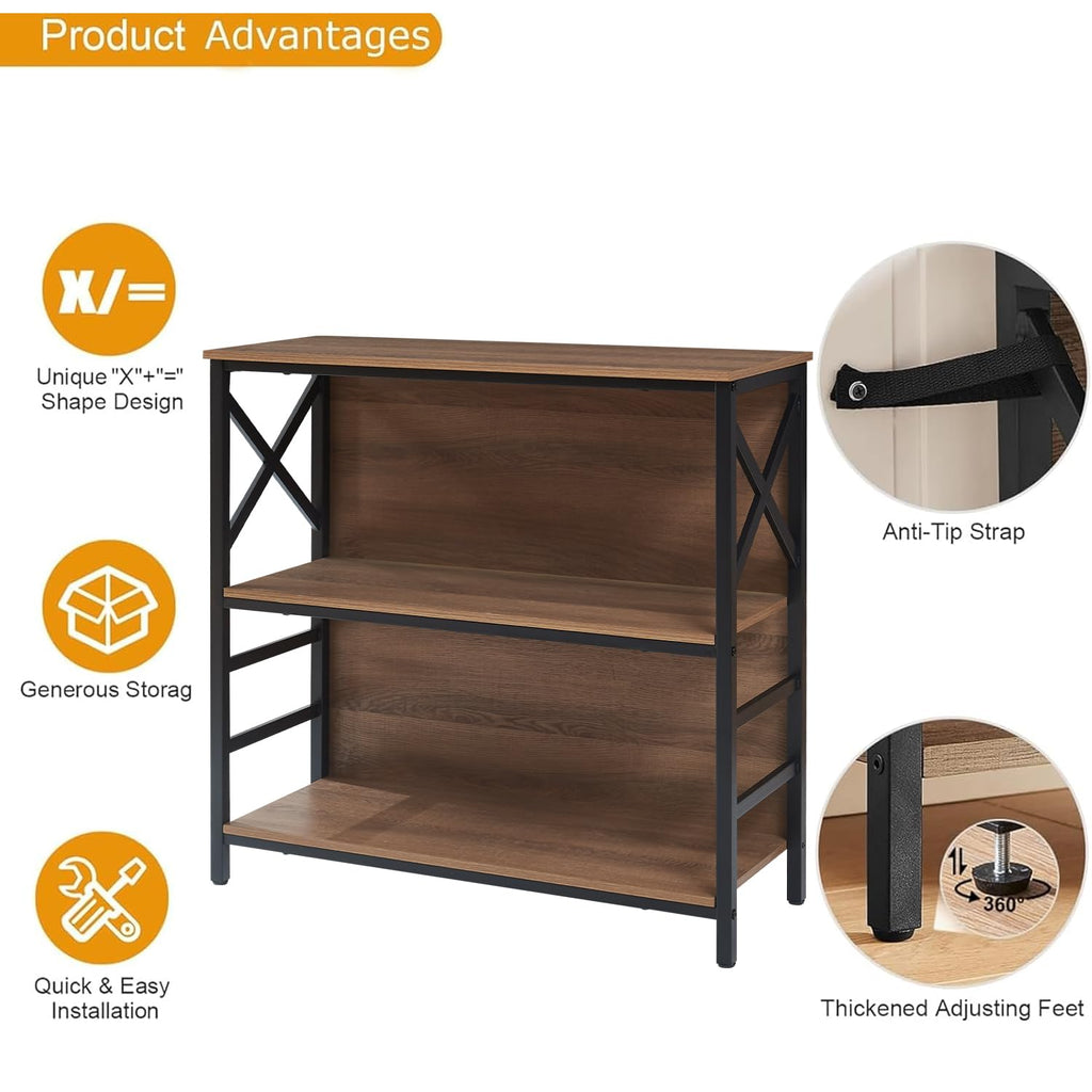 3 Tier Rustic Brown Bookshelf with Metal Frame and Backboard L81907