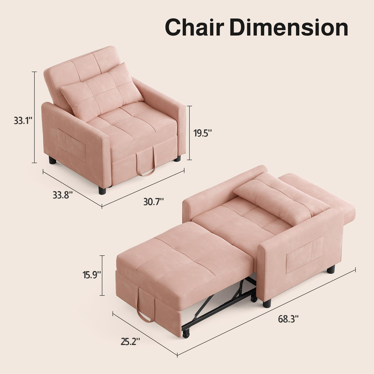 Pink Convertible Sleeper Chair Sofa Bed T4915