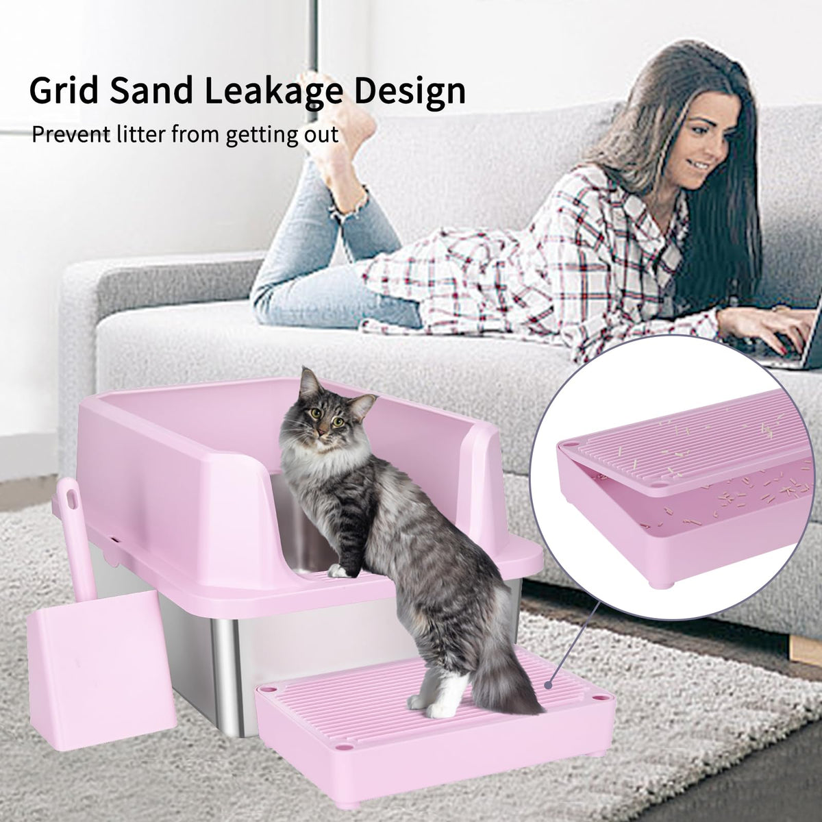 Open Cat Litter Box Stainless Steel High Walls with Scoop K305009