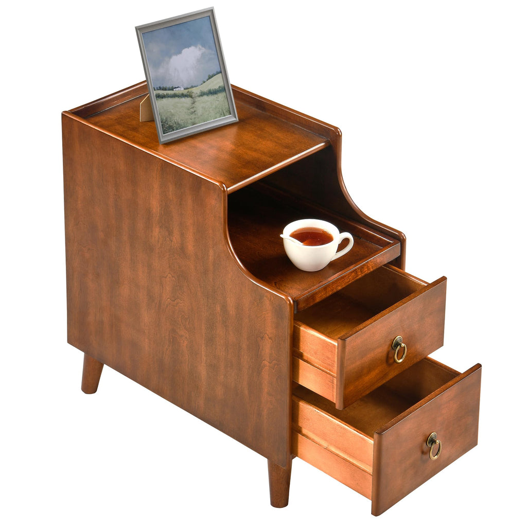 Solid Wood Narrow Nightstand with 2 Drawers F675