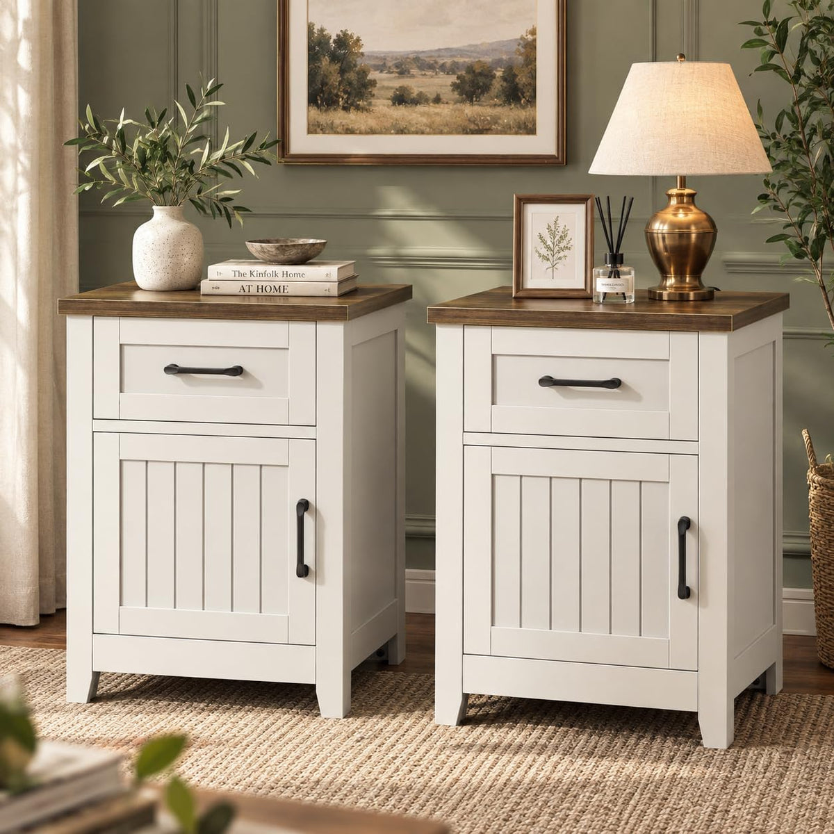 Set of 2 White Walnut Nightstand with Charging Station C724274