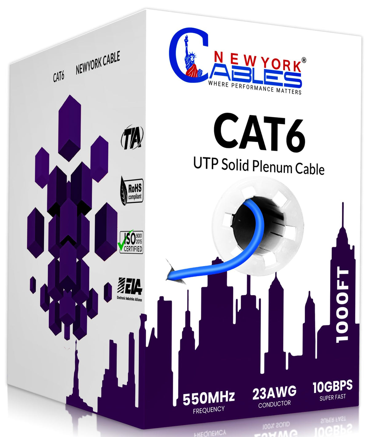 CAT6 Plenum Cable 1000ft 23AWG UTP 4Pairs 550MHz 10Gbps CMP Rated Blue D246