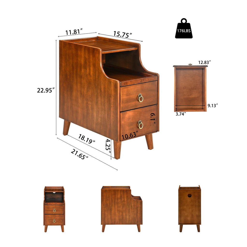Solid Wood Narrow Nightstand with 2 Drawers F675