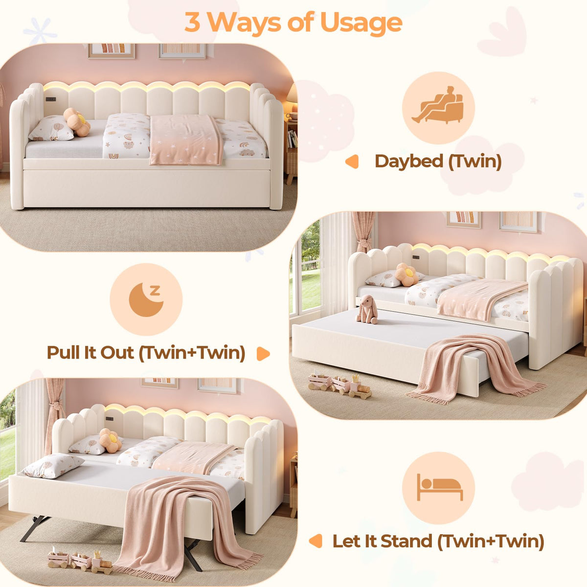 Beige Twin Velvet Upholstered Daybed with Pop Up Trundle D8316