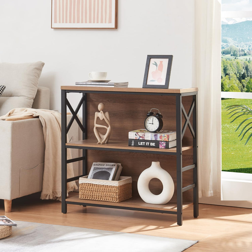 3 Tier Rustic Brown Bookshelf with Metal Frame and Backboard L81907
