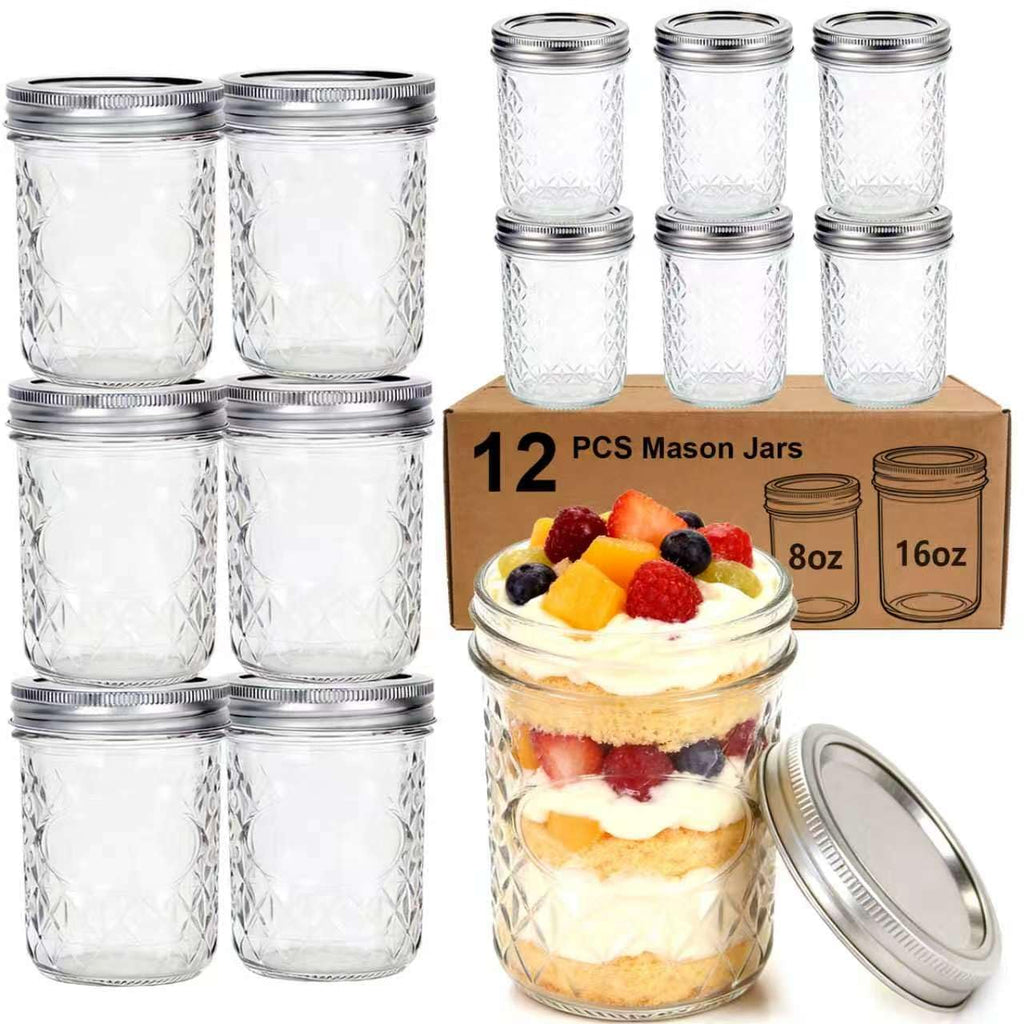 12 Pack Glass Mason Jars with Lids 16 oz & 8 oz H953
