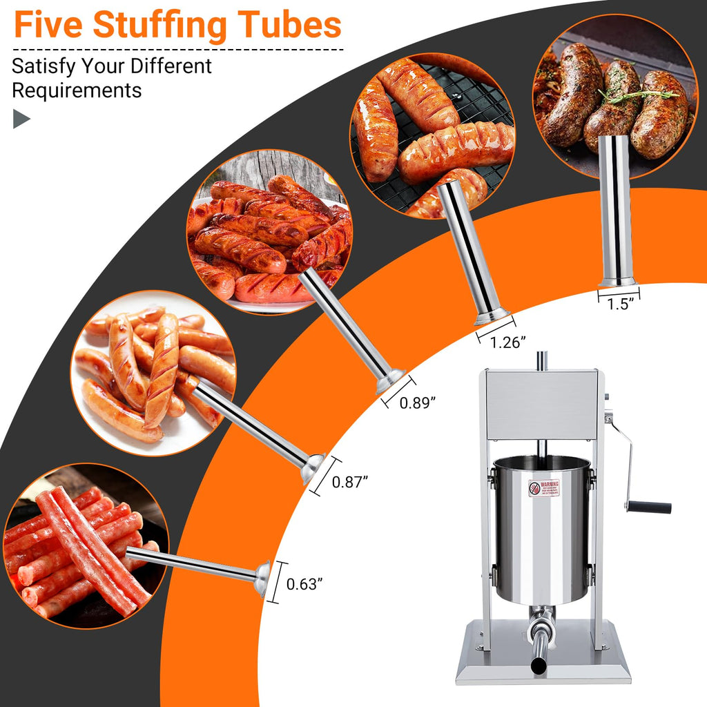 Manual 11LBS Stainless Steel Sausage Stuffer with 5 Stuffing Tubes A413