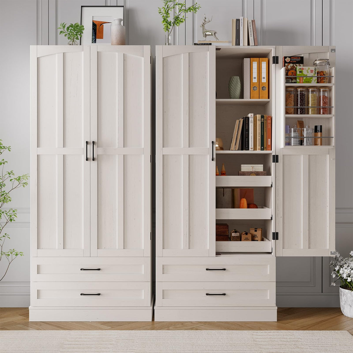 71" Off-White Kitchen Pantry Cabinet with 3 Pull-Out Shelf & 2 Drawer P3515