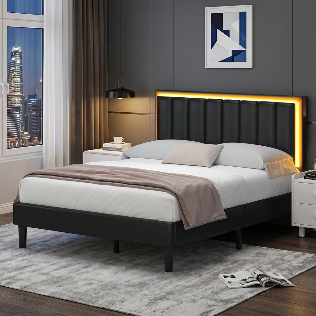 Full Size Upholstered Platform Bed Frame with Headboard, RGB LED Lights, Black K51517