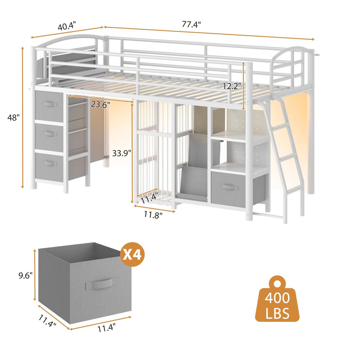 Twin Low Loft Bed with Storage Drawers and LED Lights P6335