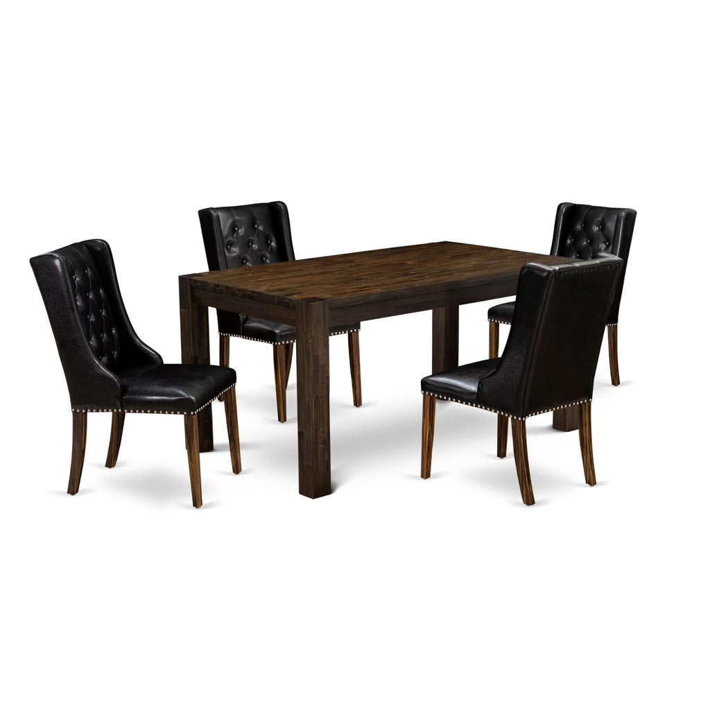 5 Piece Rustic Wood Dining Table Set with 4 Black Faux Leather Chairs H491744