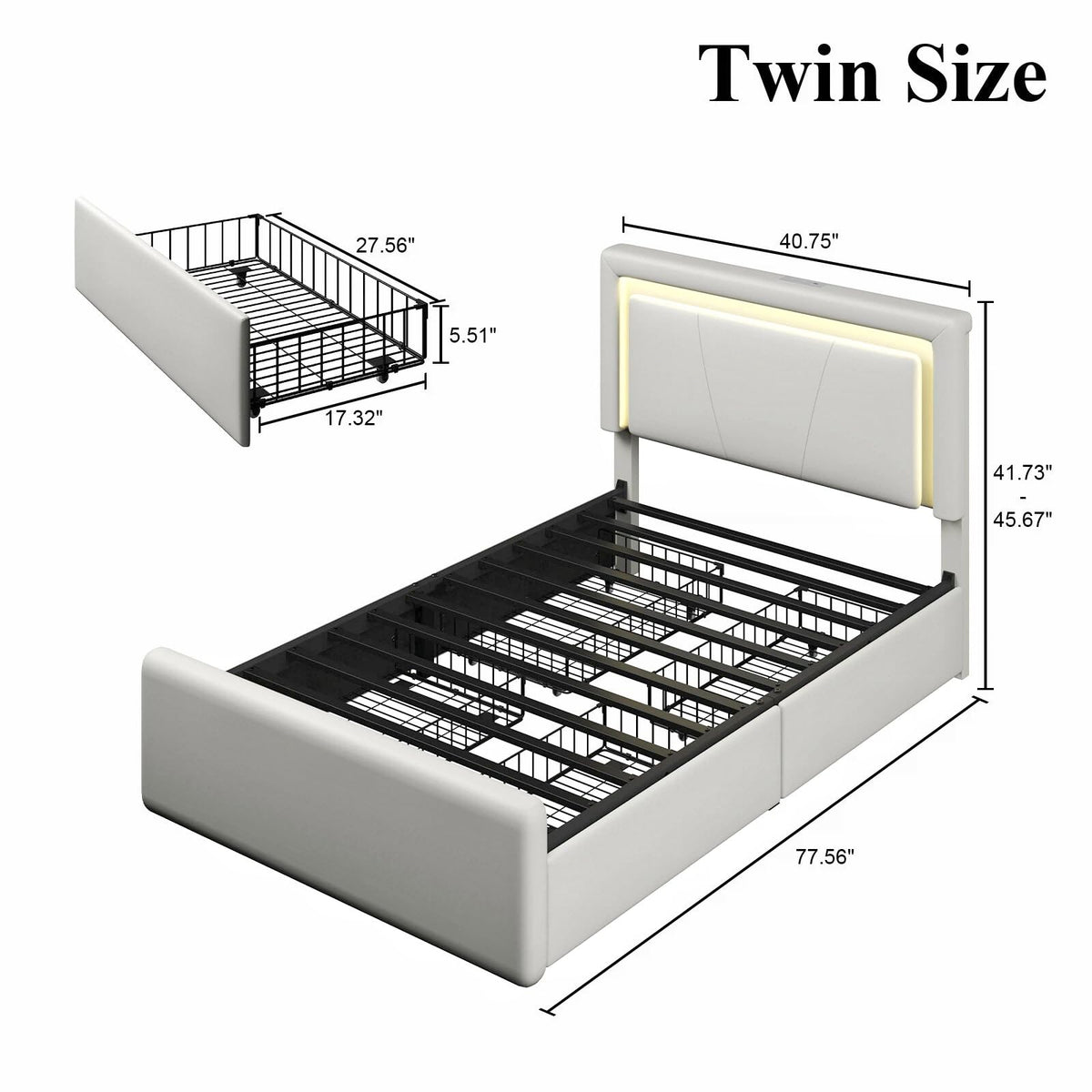White Upholstered Twin Size Bed Frame with 4 Storage Drawers I54298
