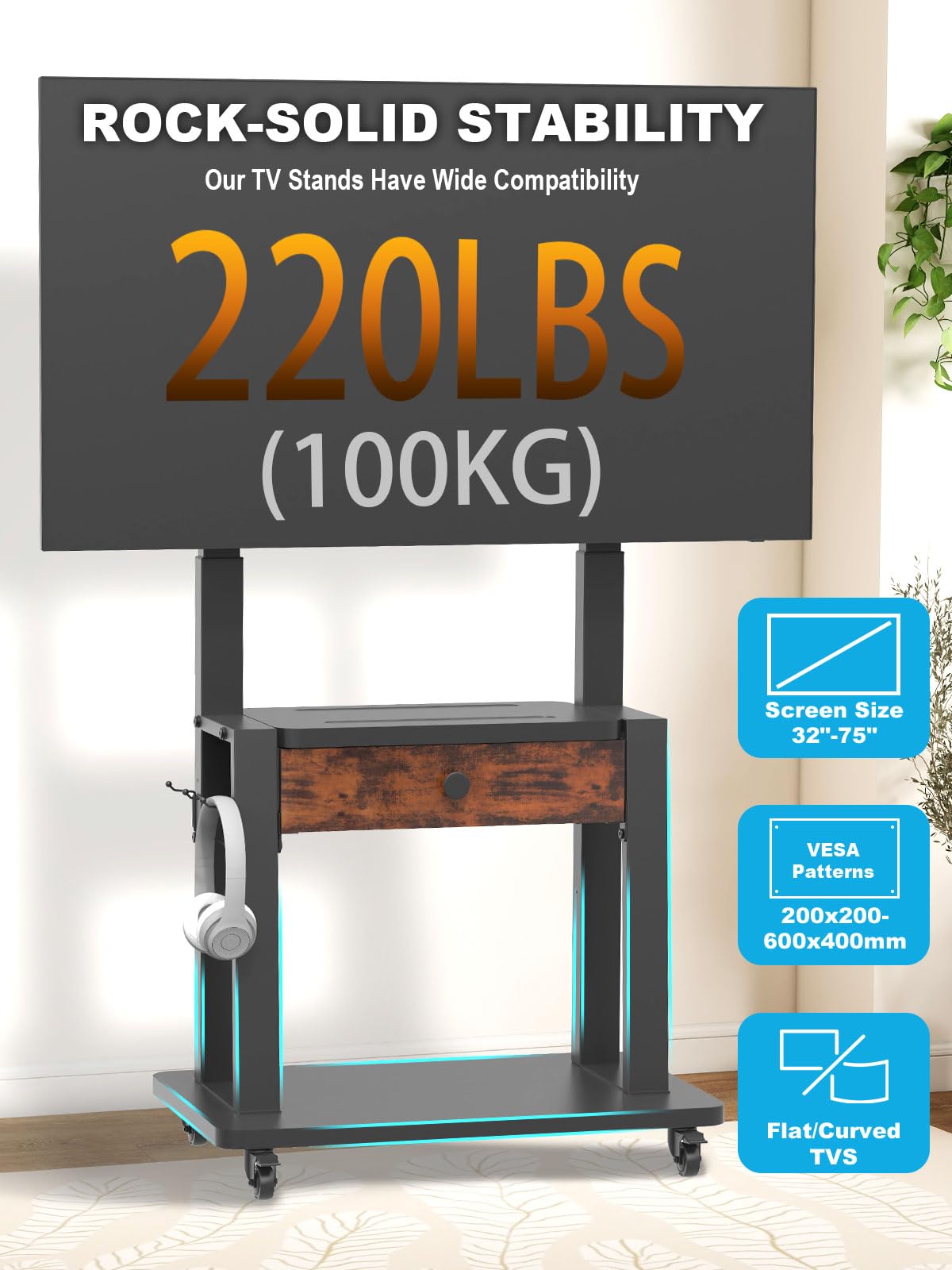 Rolling TV Stand with Fabric Drawer Storage for 32-75 Inch Flat/Curved Screen R24234