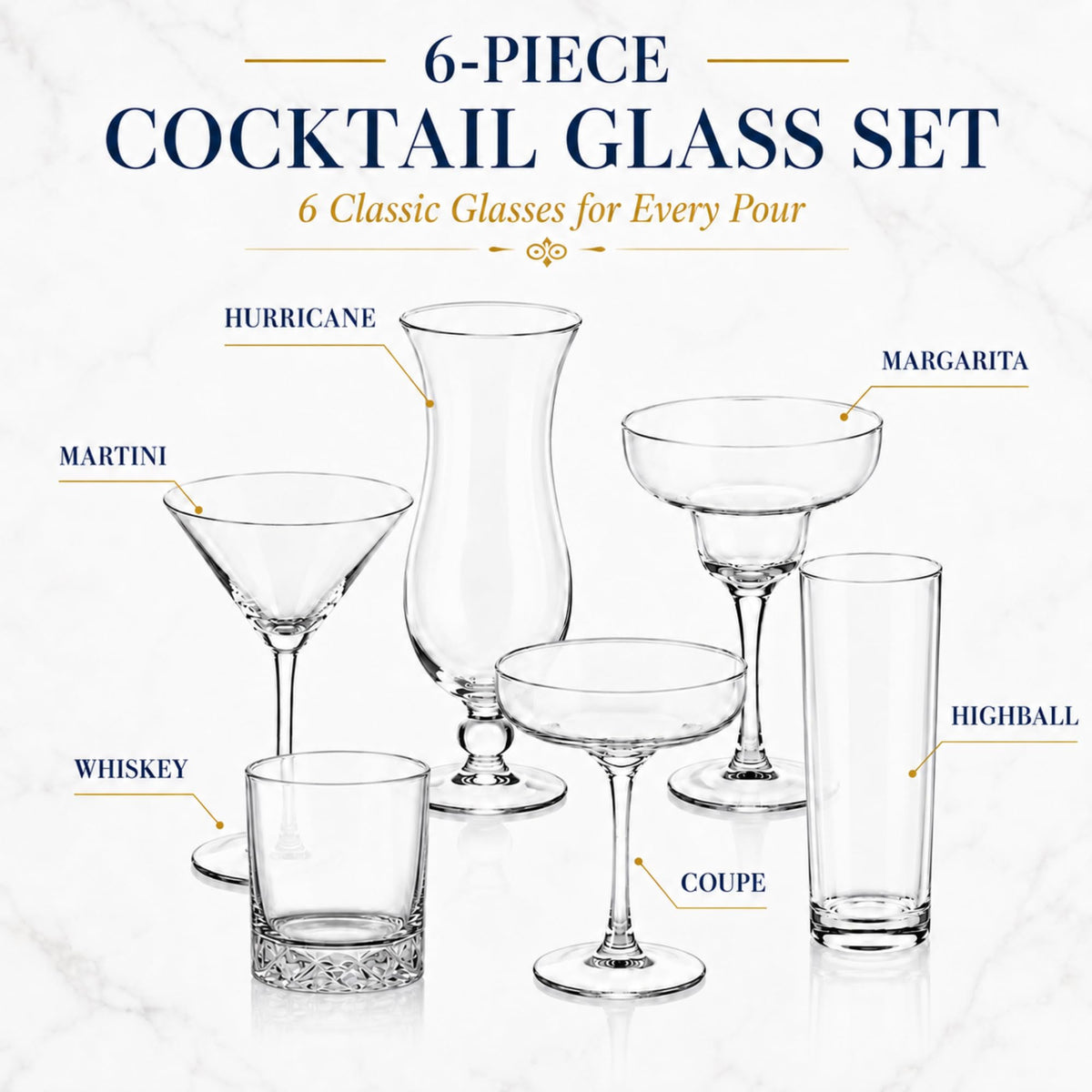 6 Set Cocktail Glasses Mixed Drinkware H5082
