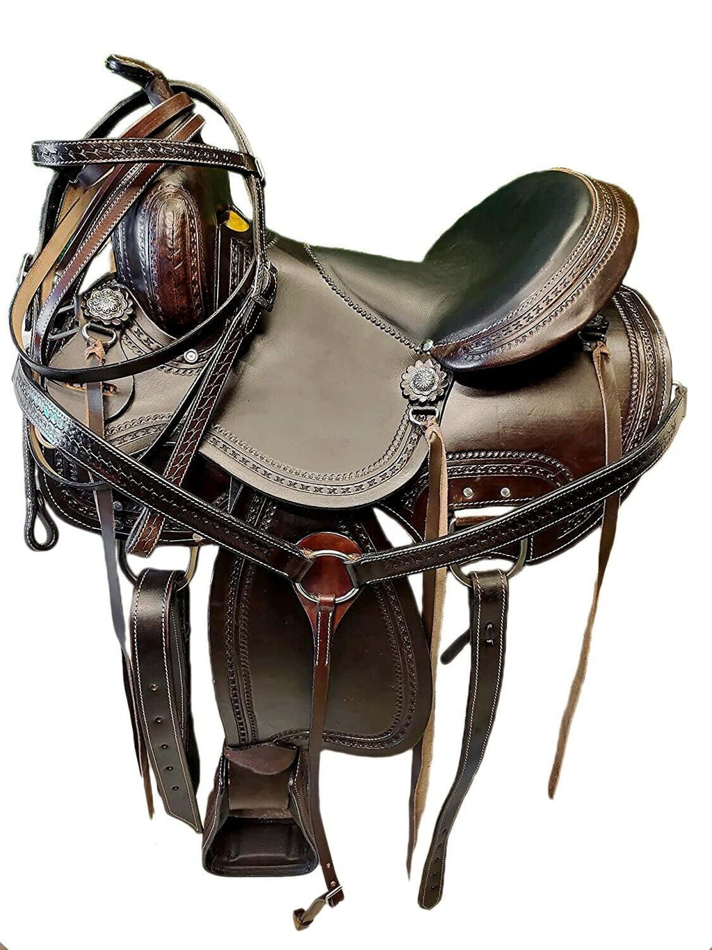 Brown Leather Western Horse Saddle Set with Headstall Breast Collar Reins E6396