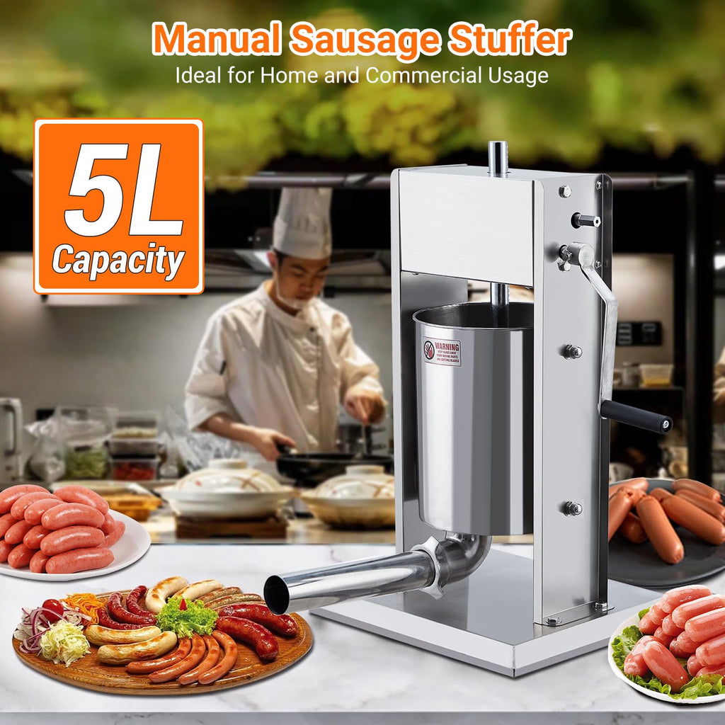 Manual 11LBS Stainless Steel Sausage Stuffer with 5 Stuffing Tubes A413