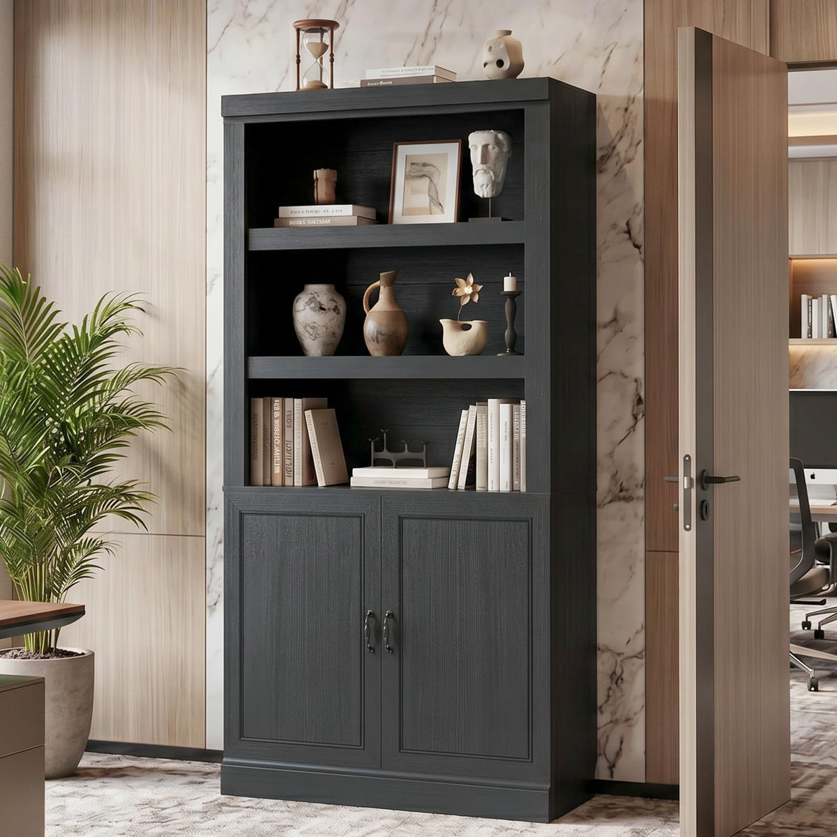 71" Tall Black Bookshelf with Doors and Adjustable Shelves M367