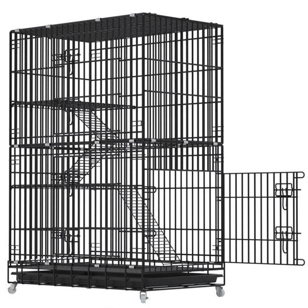 Large Black 4-Tier Folding Metal Wire Cat Cage with Hammock & Ramp Ladders Q2982