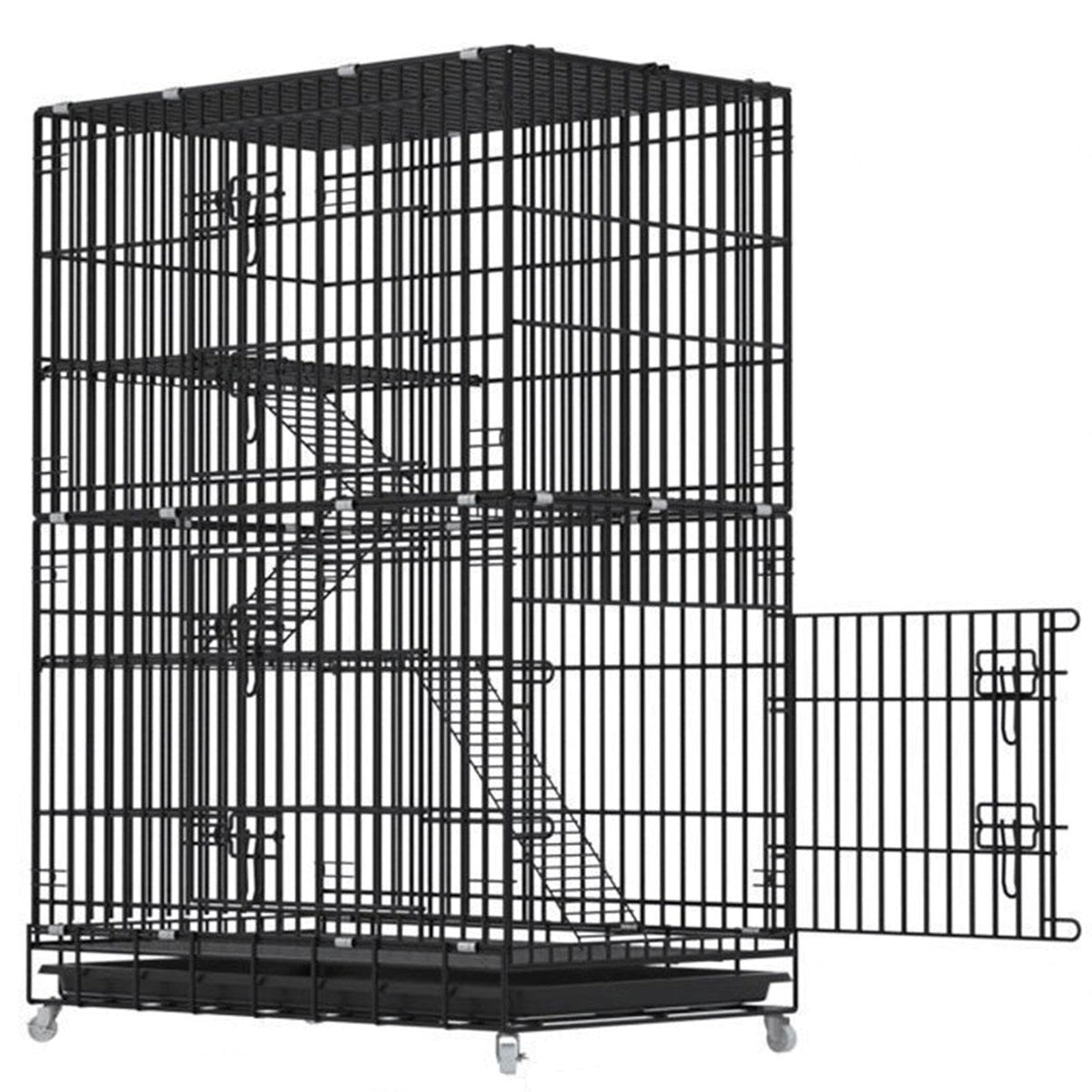 Large Black 4-Tier Folding Metal Wire Cat Cage with Hammock & Ramp Ladders Q2982