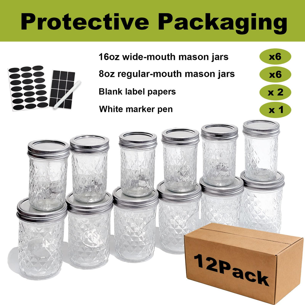 12 Pack Glass Mason Jars with Lids 16 oz & 8 oz H953