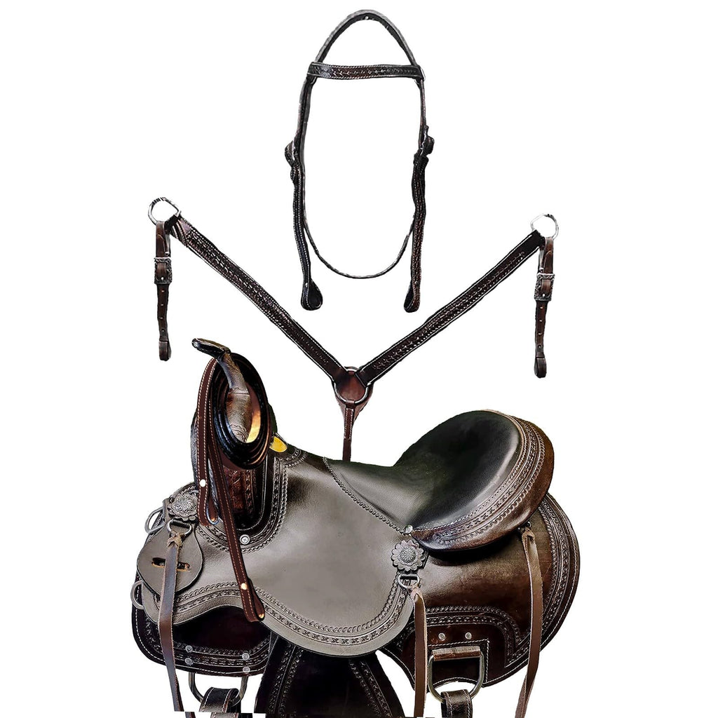 Brown Leather Western Horse Saddle Set with Headstall Breast Collar Reins E6396