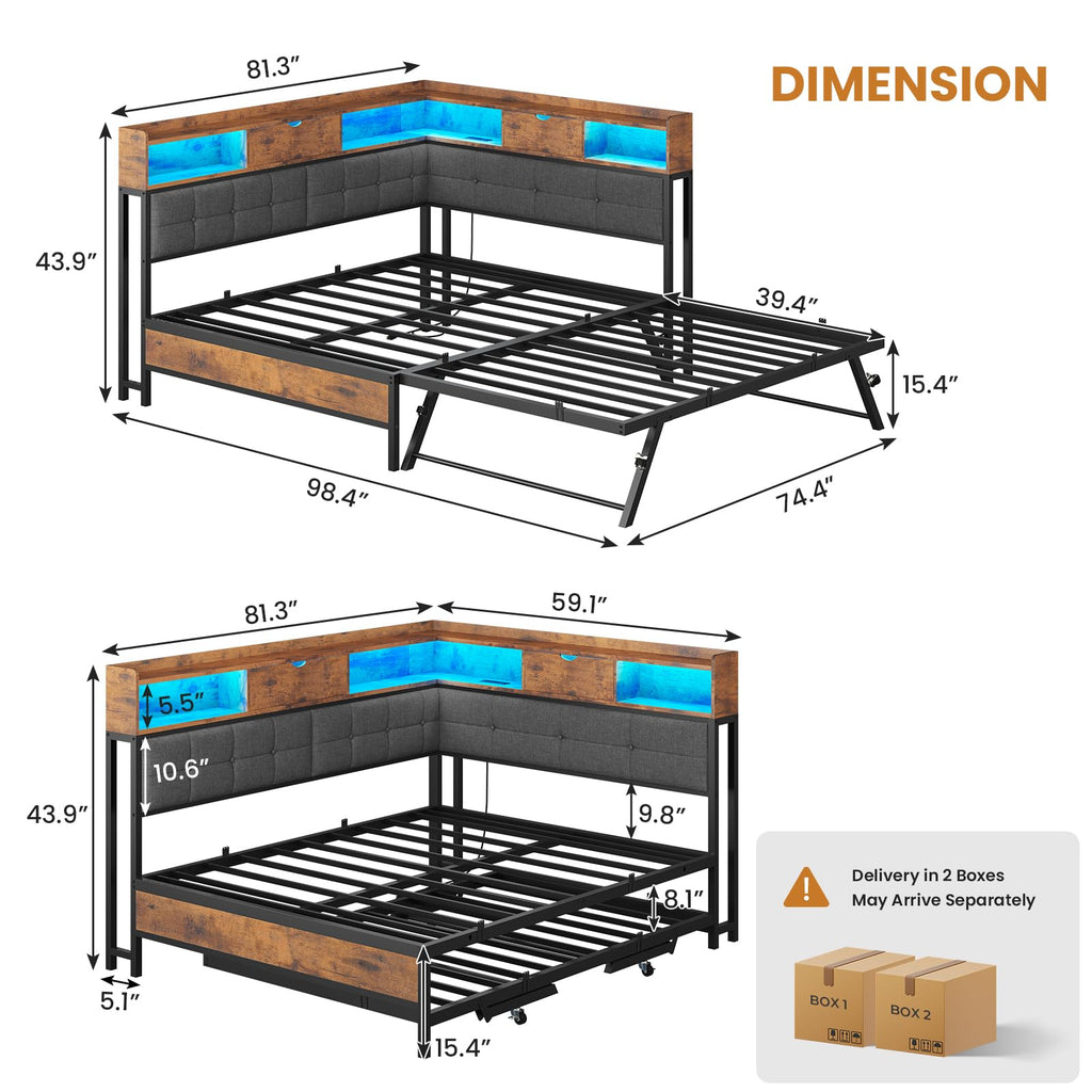 Black Corner Full Bed Frame with Trundle U84611