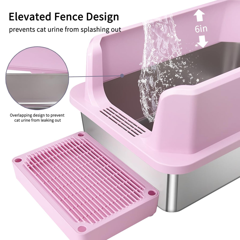 Open Cat Litter Box Stainless Steel High Walls with Scoop K305009