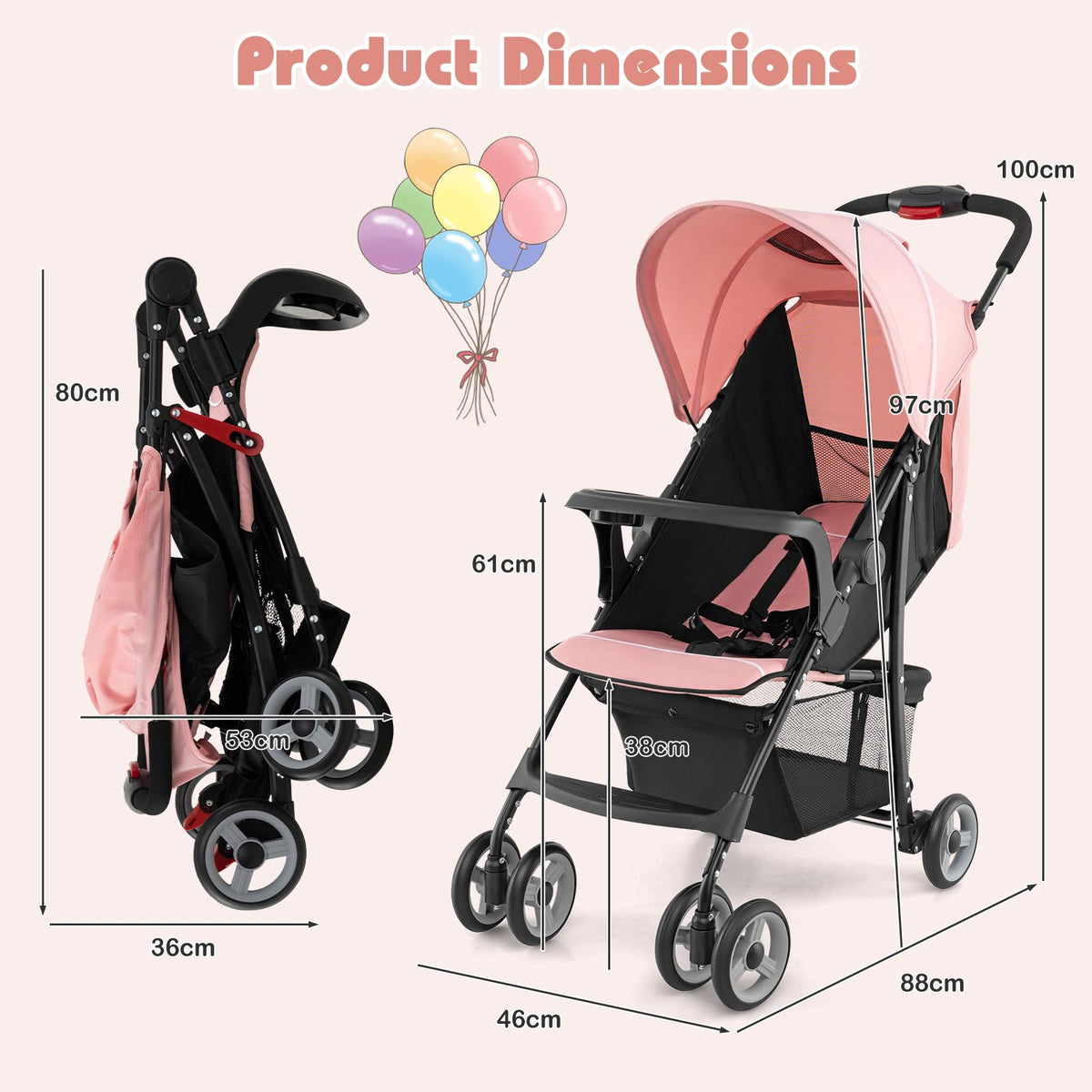 Lightweight Compact Fold Stroller with Canopy & Storage Basket, Pink O6338