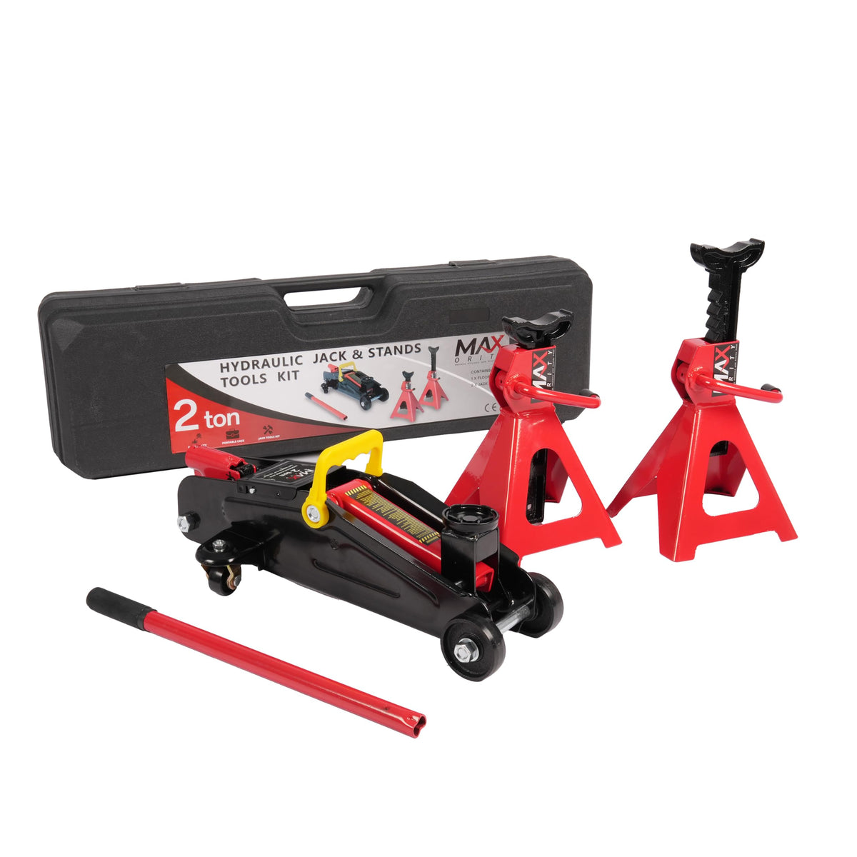 2-Ton Hydraulic Low Profile Trolley Floor Jack with Case and 1 Pair 2 Ton Jack Stands Z91596