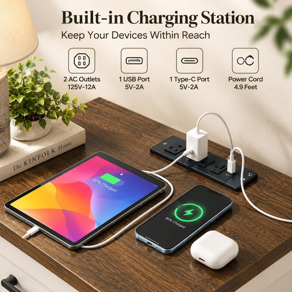 Set of 2 White Walnut Nightstand with Charging Station C724274