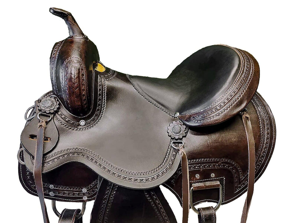 Brown Leather Western Horse Saddle Set with Headstall Breast Collar Reins E6396