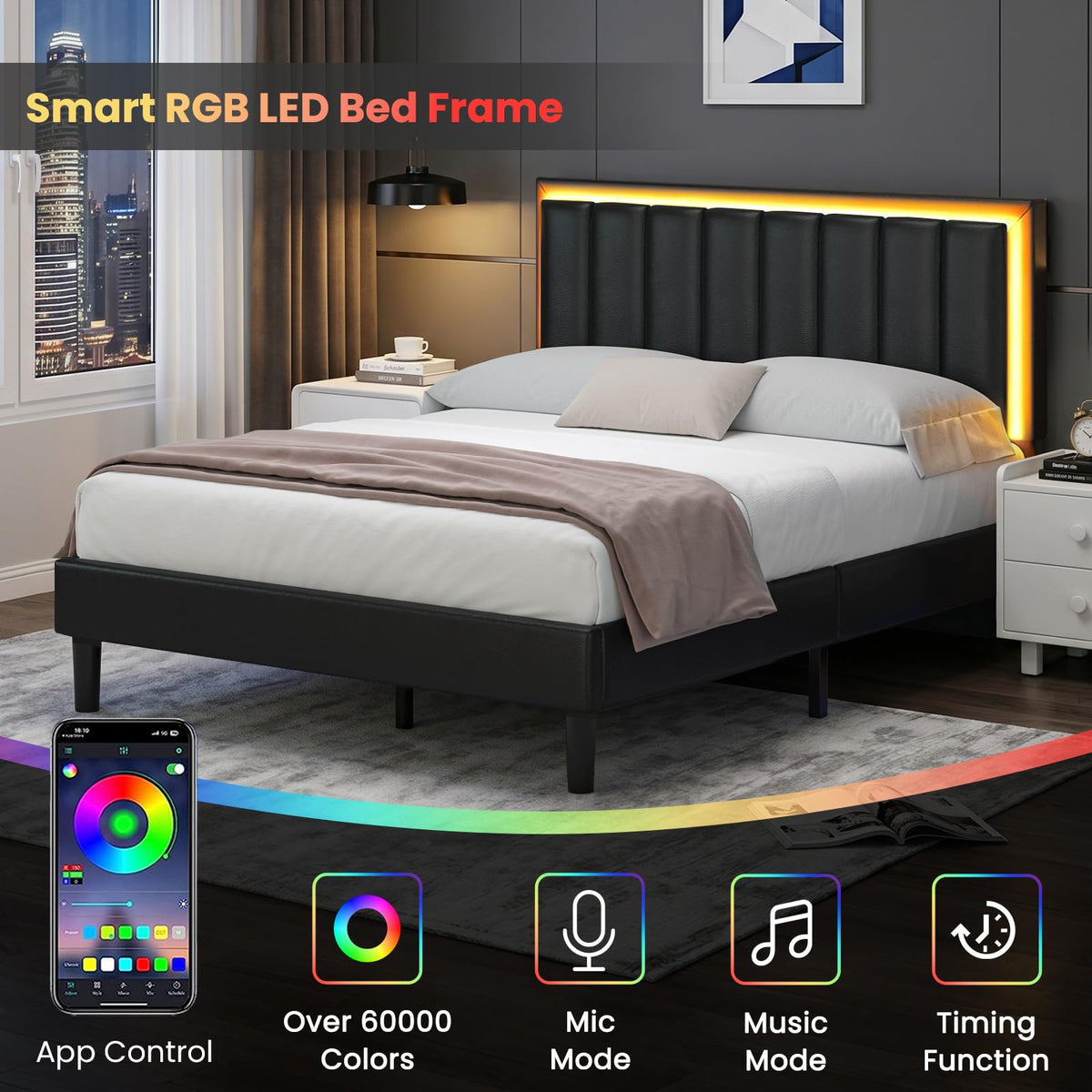 Full Size Upholstered Platform Bed Frame with Headboard, RGB LED Lights, Black K51517