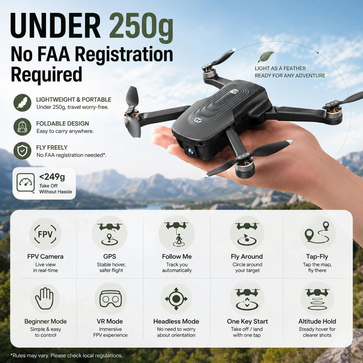 GPS Drone with 4K Camera, Under 249g Foldable RC Quadcopter F1591