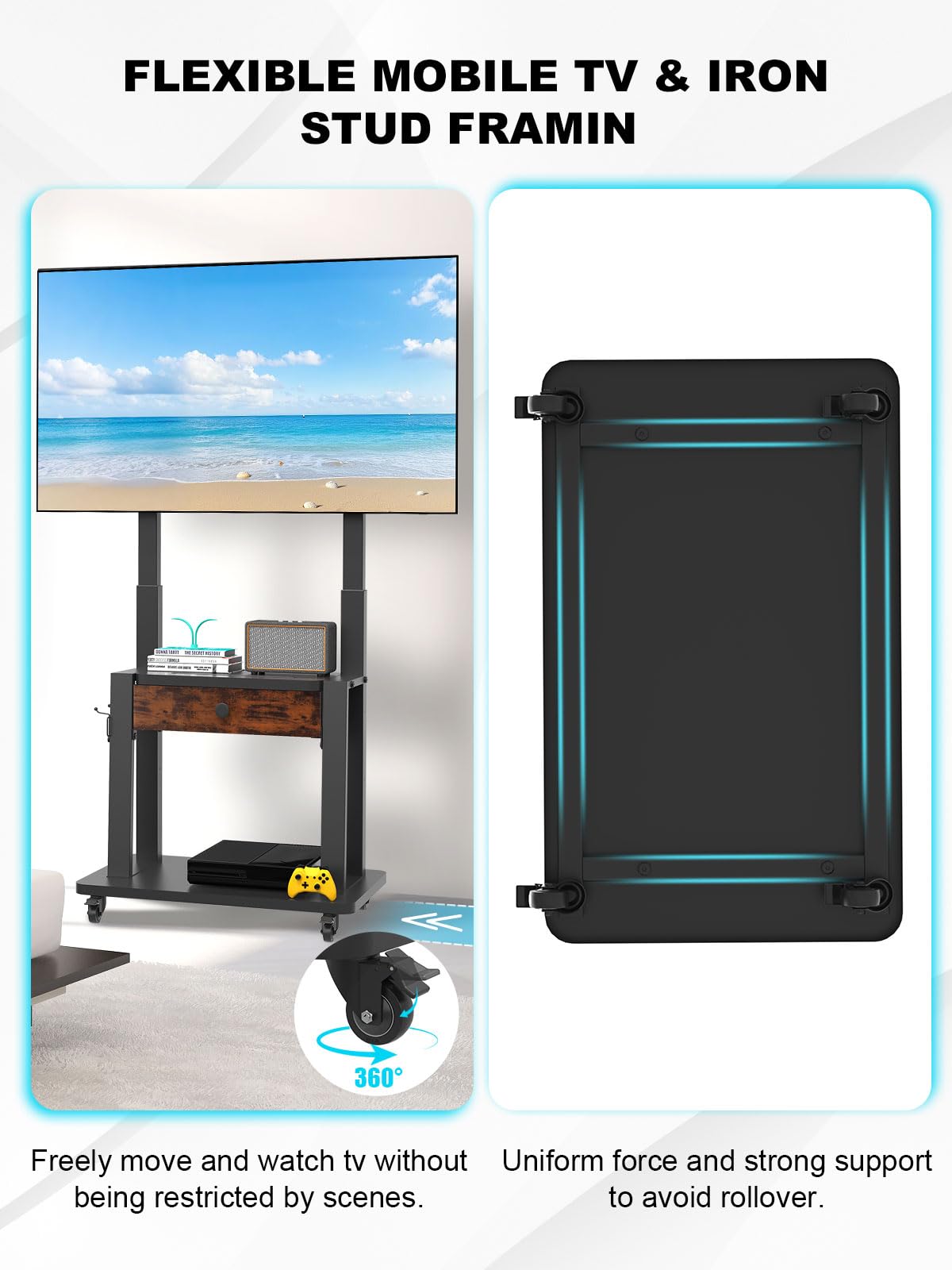 Rolling TV Stand with Fabric Drawer Storage for 32-75 Inch Flat/Curved Screen R24234