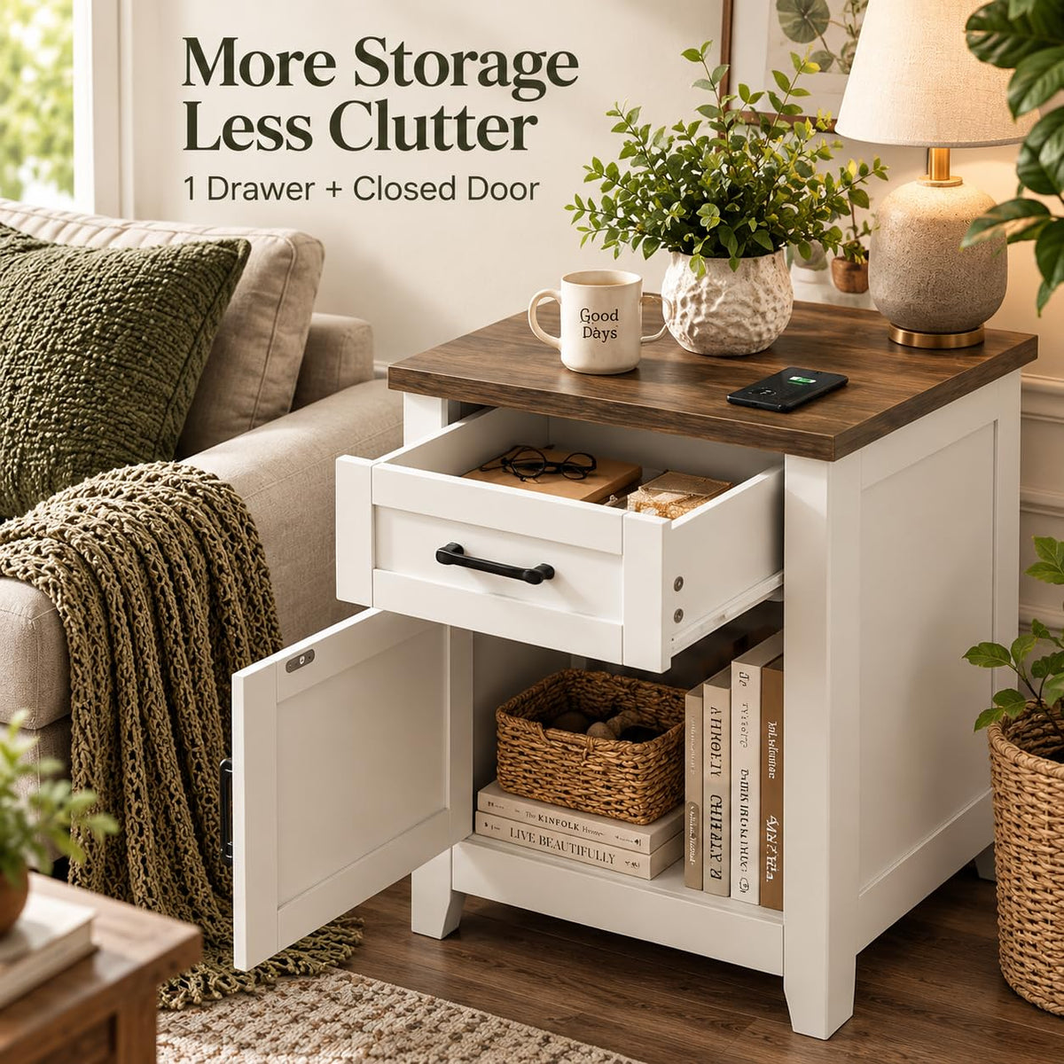Set of 2 White Walnut Nightstand with Charging Station C724274