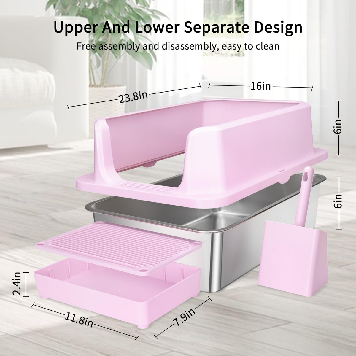 Open Cat Litter Box Stainless Steel High Walls with Scoop K305009