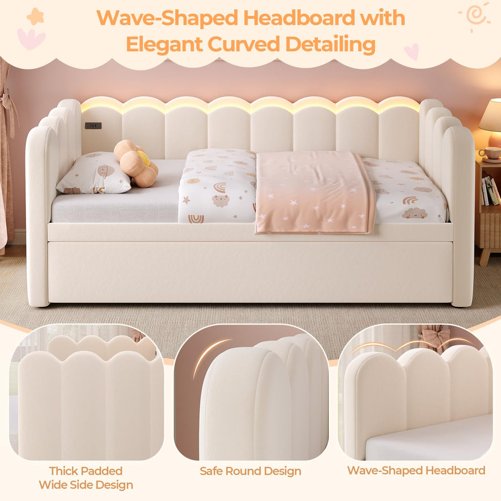 Beige Twin Velvet Upholstered Daybed with Pop Up Trundle D8316