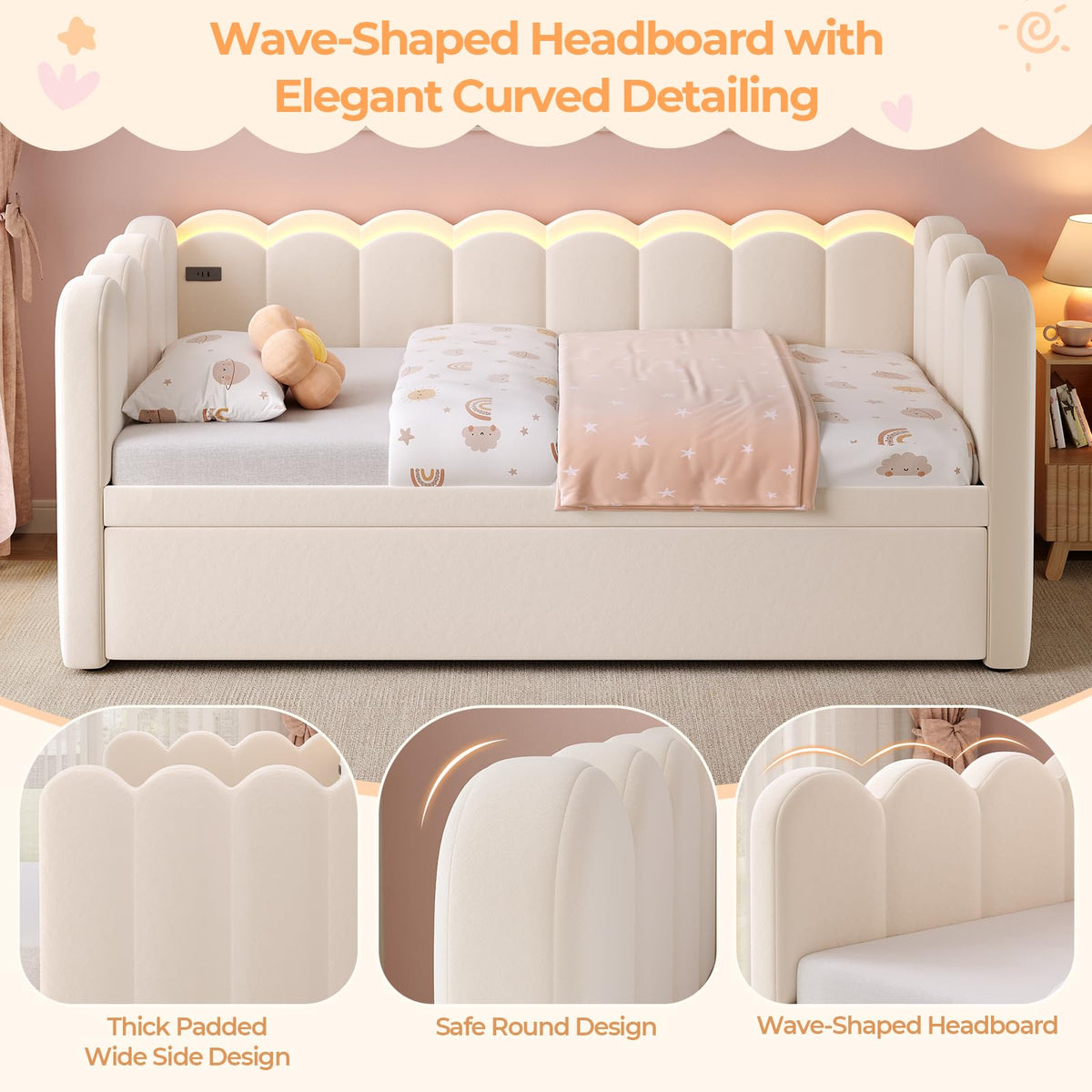 Beige Twin Velvet Upholstered Daybed with Pop Up Trundle D8316