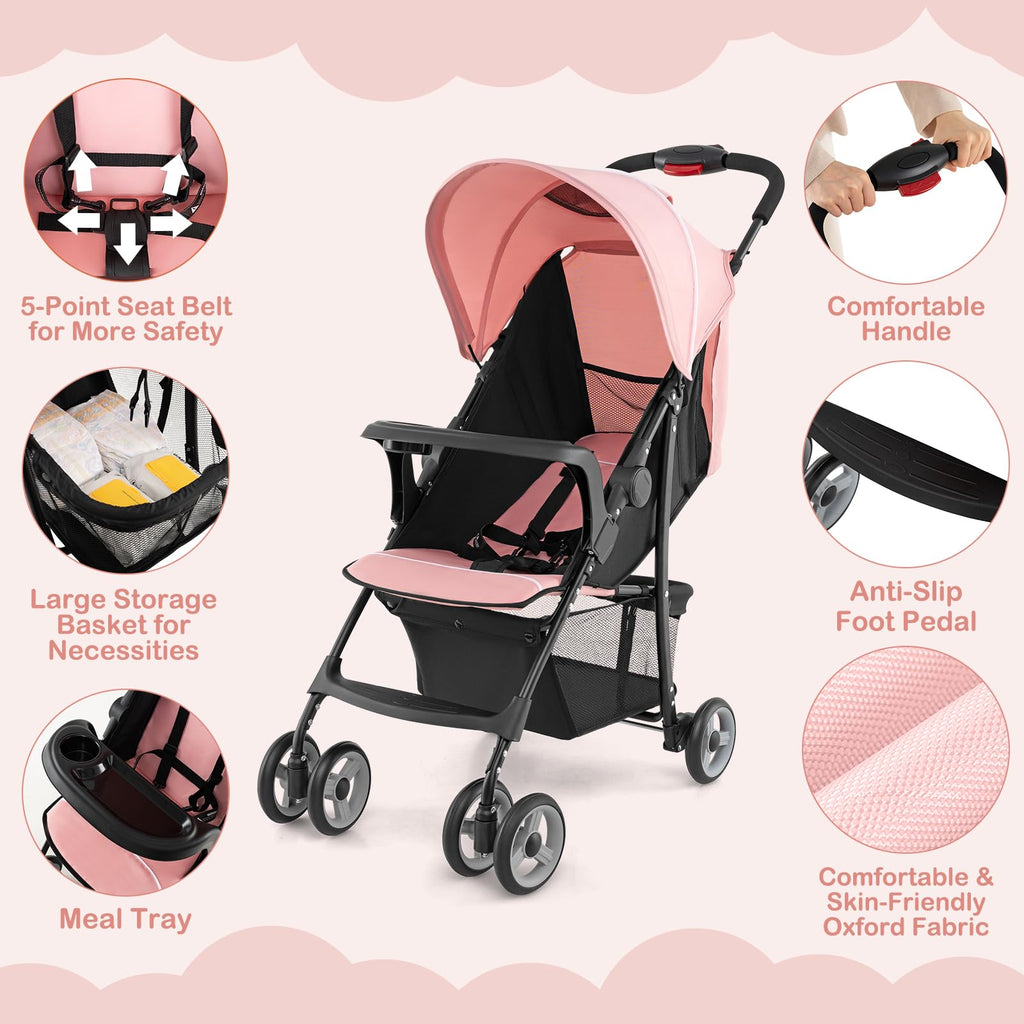 Lightweight Compact Fold Stroller with Canopy & Storage Basket, Pink O6338