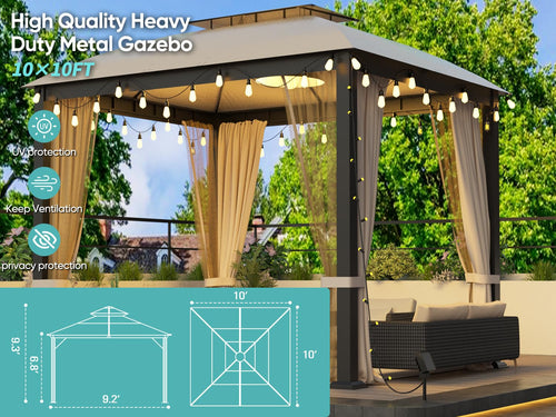 10x10 FT Soft Top Gazebo Canopy with Mosquito Netting & Privacy Curtains D8316