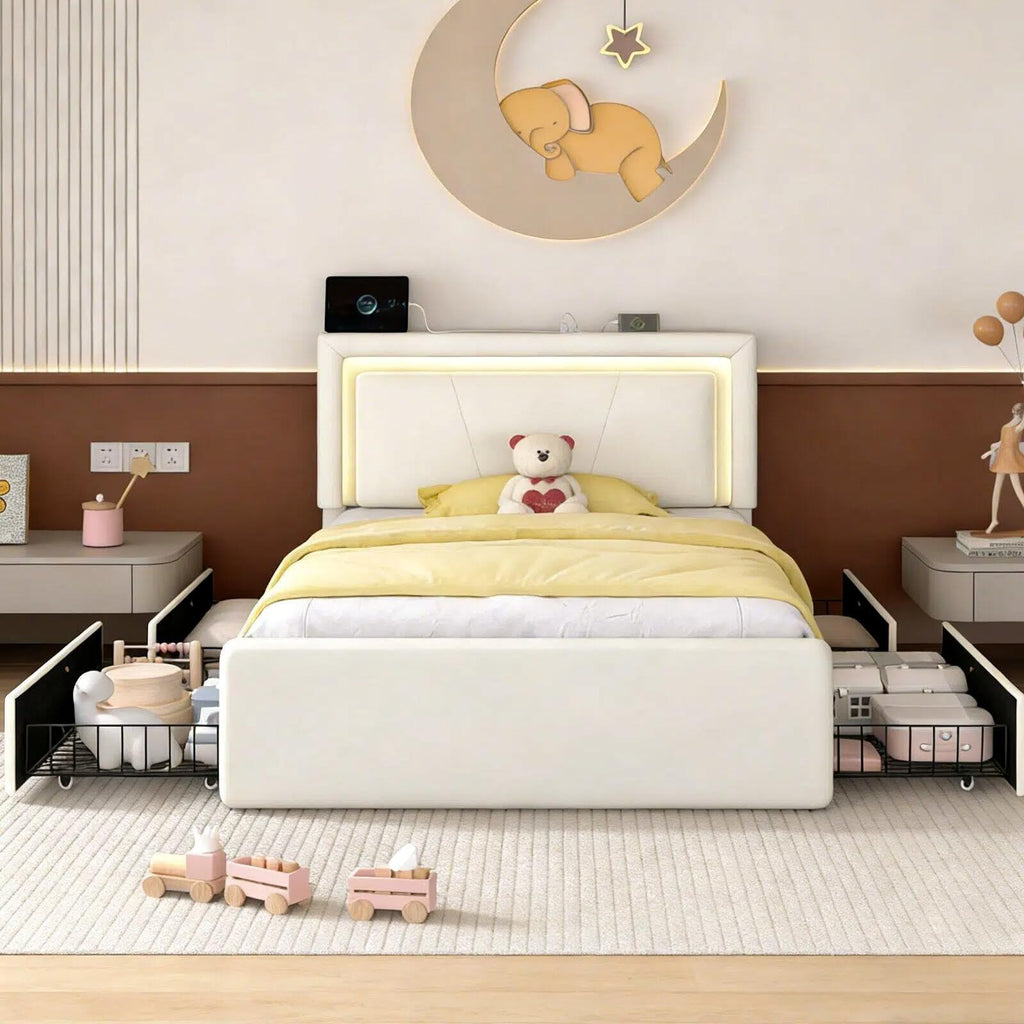 White Upholstered Twin Size Bed Frame with 4 Storage Drawers I54298